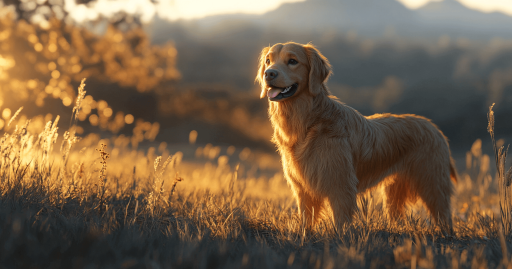 a golden retriever standing on a grassy field during daytime