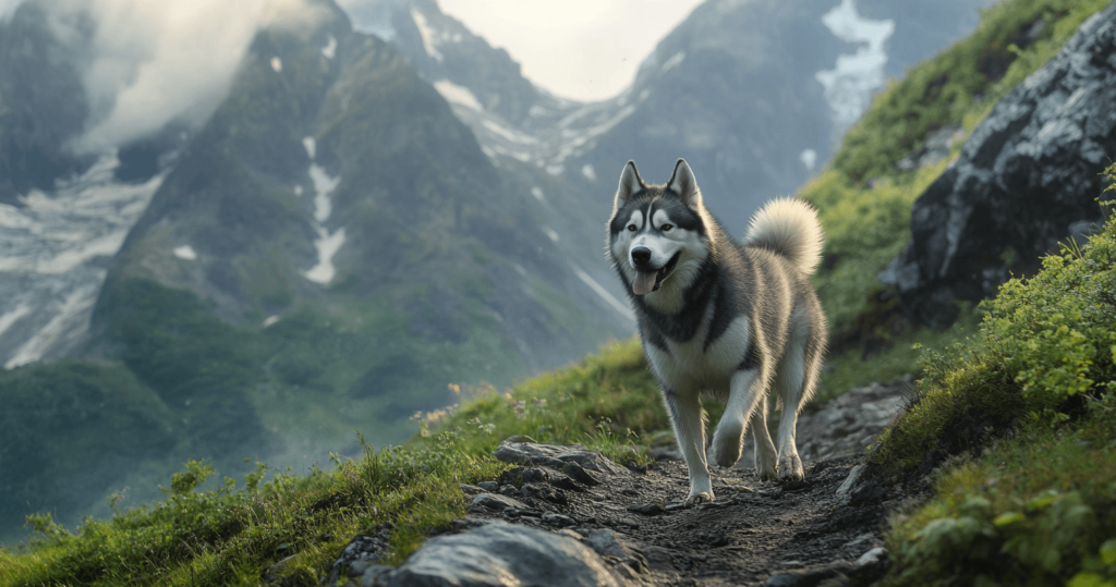 An Alaskan Malamute hiking in a mountain setting