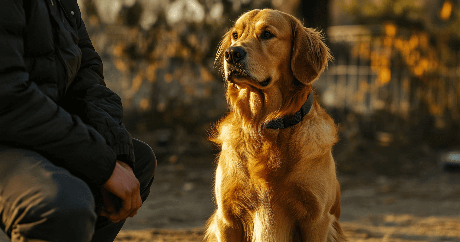 a family enjoying time with their golden retriever in the living room