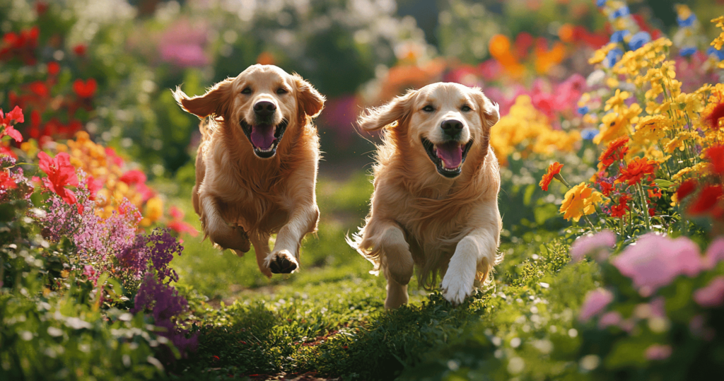 two golden retrievers are playing in a garden