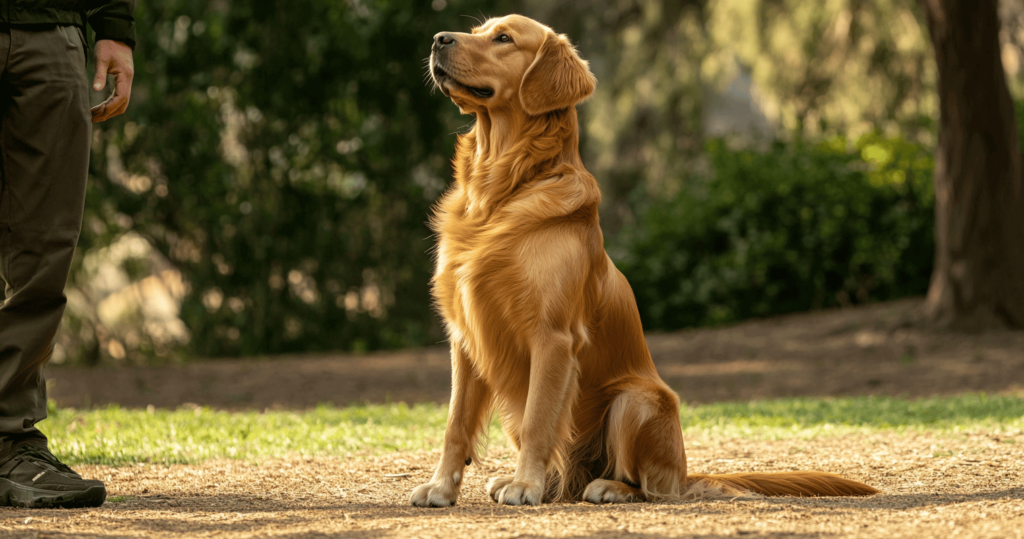 a content golden retriever lying down next to its owner on the couch