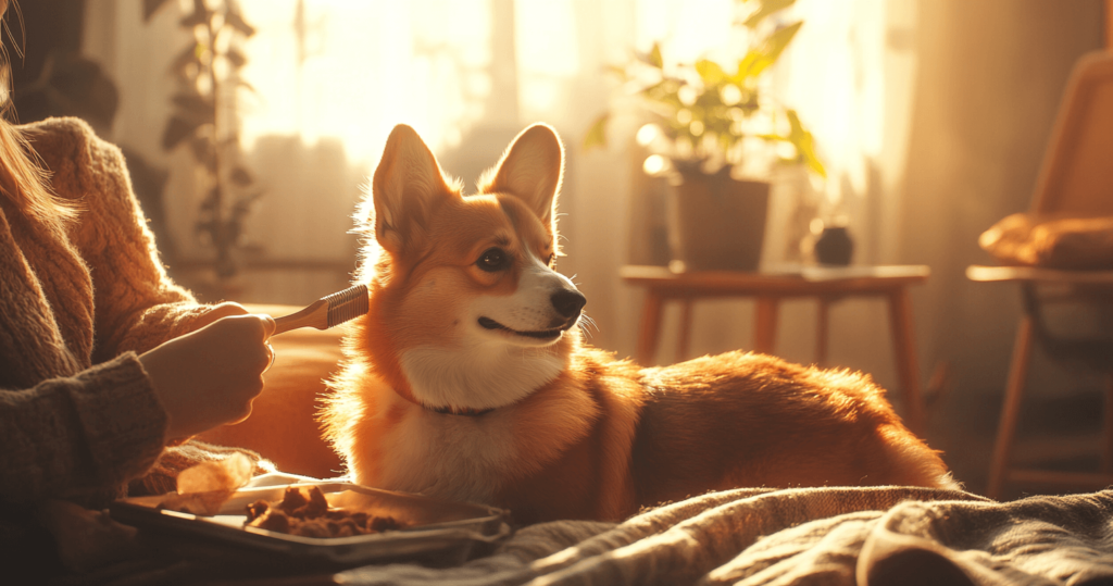 - 圖片：主人正在梳理柯基犬的毛髮